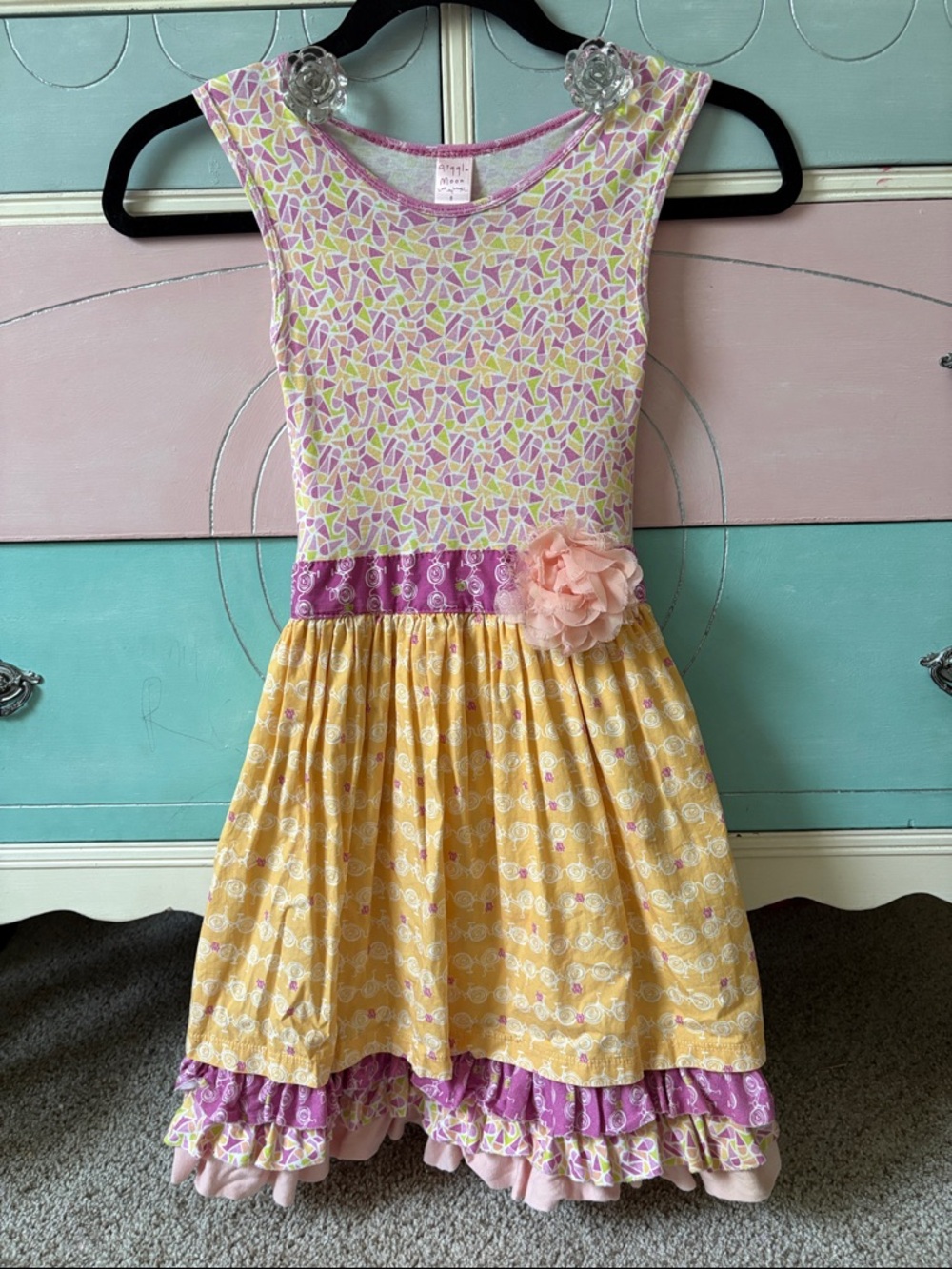 Giggle Moon Yellow and Pink Floral Tiered Dress with Rosette Girls Size 8